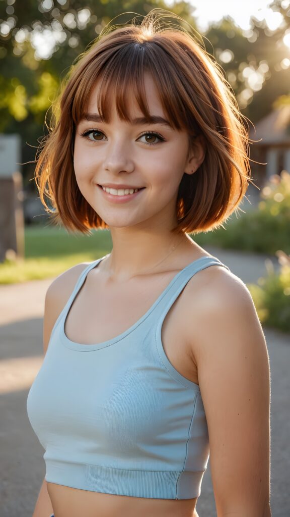 a beautiful (((teen girl))) with auburn hair in bob bangs cut, styled in a sleek, short-cropped tank top, (((vividly realistic photo))), ((natural background)), very happy, dimmed light