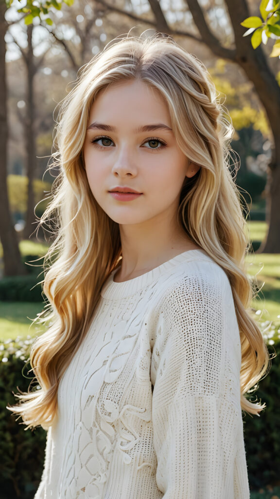 a (((beautiful teen girl with long, blond soft hair and brown eyes))), who exudes a distinct (((sharpness))), coupled with (((pale skin))) and (((vividly hued lips))) that curve into a (((wavy hairstyle))), dressed in a (((white sweater))), adorned with delicate, intricate patterns that reflect the (sunny park) backdrop