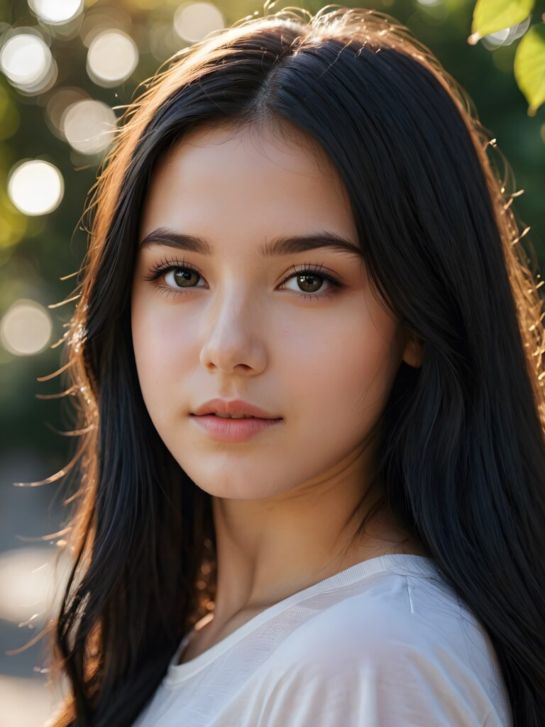 a beautiful close-up portrait of a young and pretty teen girl. She has an angelic face and long, straight black hair, ((detailed)) ((stunning)) ((gorgeous)), perfect light, realistic shadows
