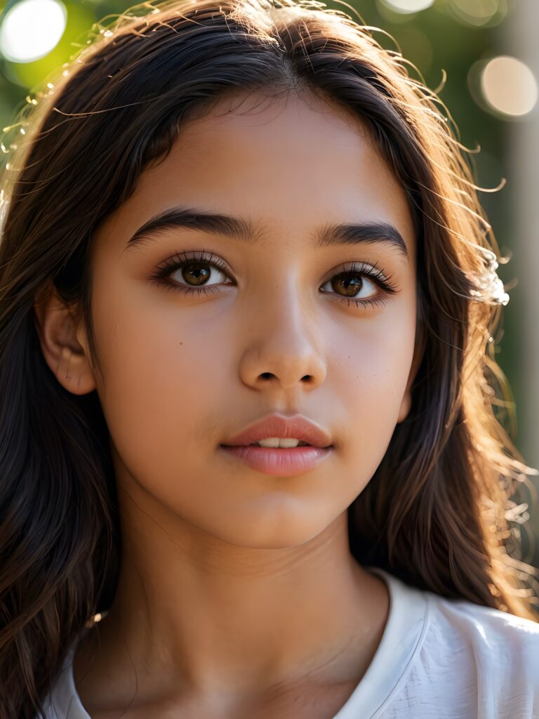 a beautiful close-up portrait of a young and pretty Latino teen girl, 14 years old. She has an angelic face, full lips, (light dark eyes)), ((detailed)) ((stunning)) ((gorgeous)), perfect light, realistic shadows, light empty background