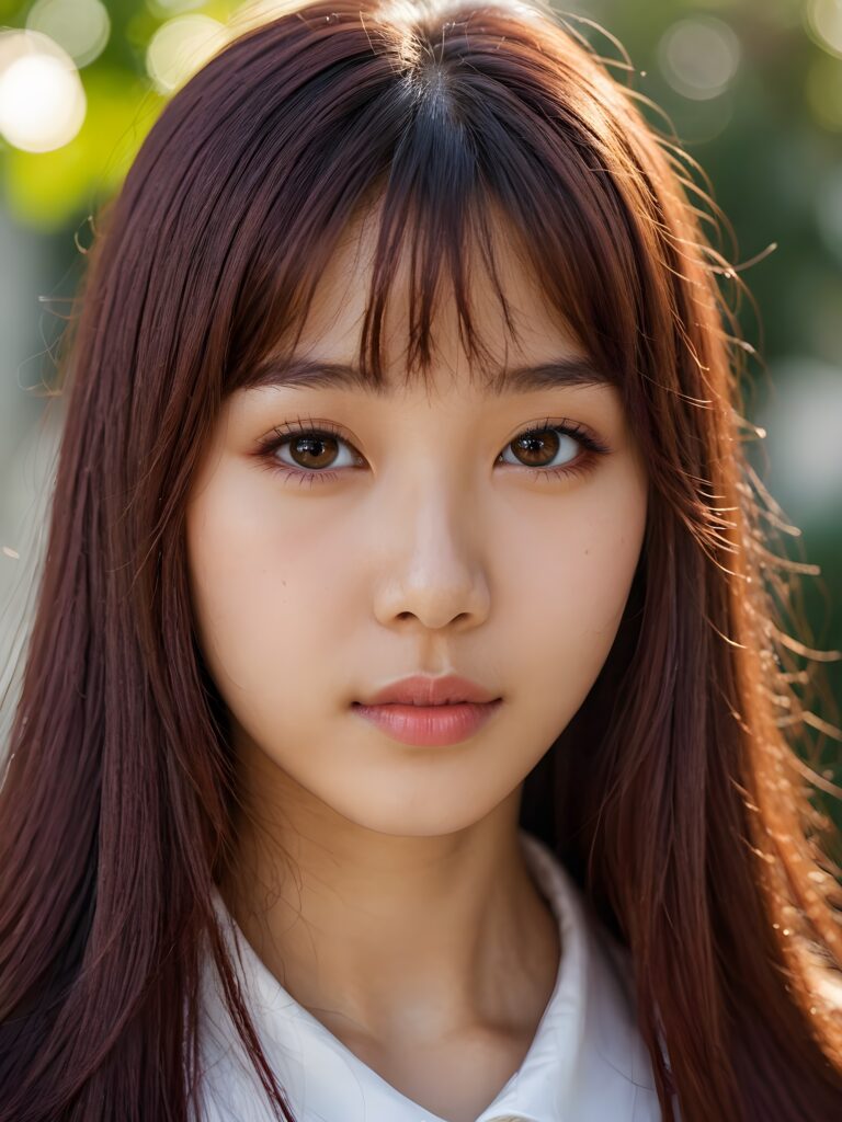 a beautiful close-up portrait of a young and pretty Oriental teen girl, 15 years old. She has an angelic face and long, straight ((maroon hair)) in bangs cut, full lips, (light brown eyes)), ((detailed)) ((stunning)) ((gorgeous)), perfect light, realistic shadows