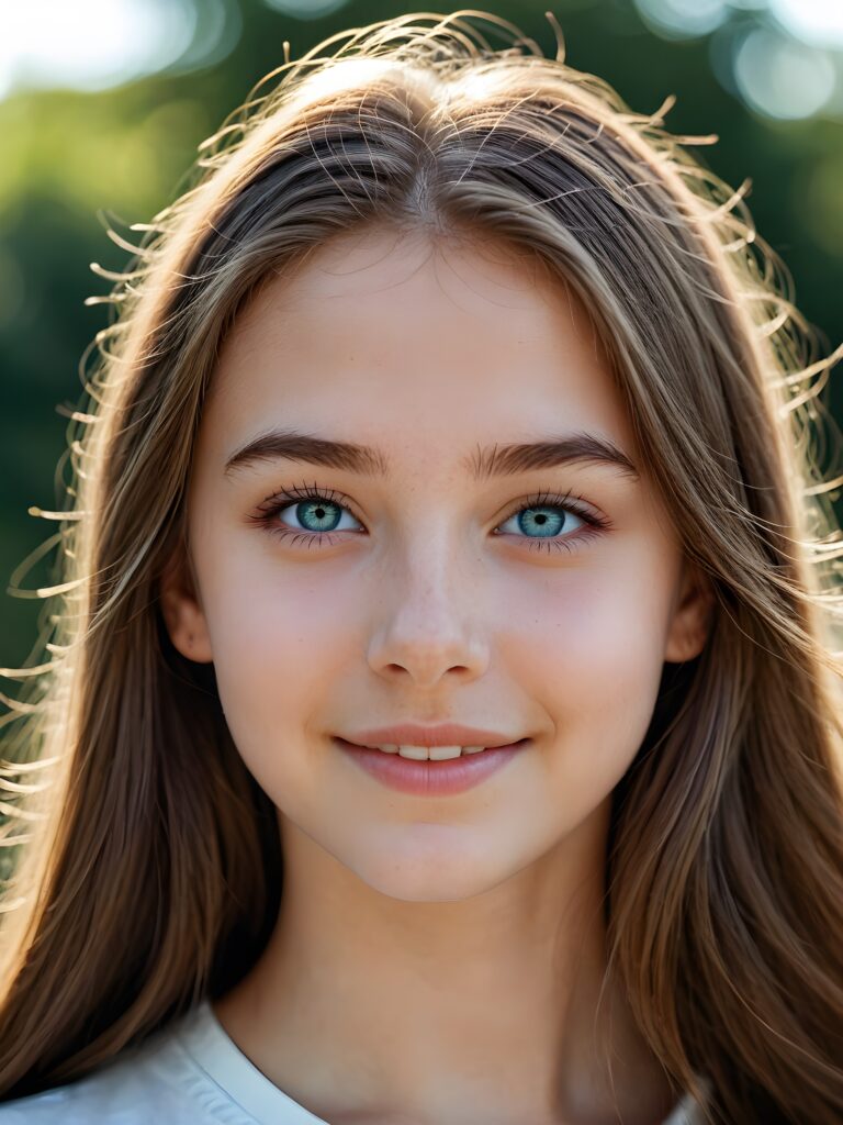 a beautiful close-up portrait of a young and pretty teen girl, 15 years old. She has an angelic face and long, straight brown hair, (light blue eyes)) ((detailed)) ((stunning)) ((gorgeous)), perfect light, realistic shadows, smile, side view
