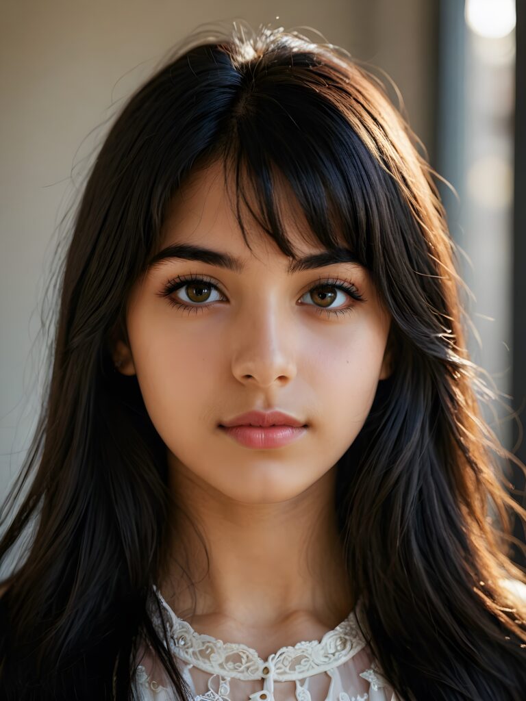 a beautiful close-up portrait of a young and pretty Persian teen girl, 15 years old. She has an angelic face and long, ((dark hair)) in bangs cut, full lips, (light dark eyes)), ((detailed)) ((stunning)) ((gorgeous)), perfect light, realistic shadows, light empty background