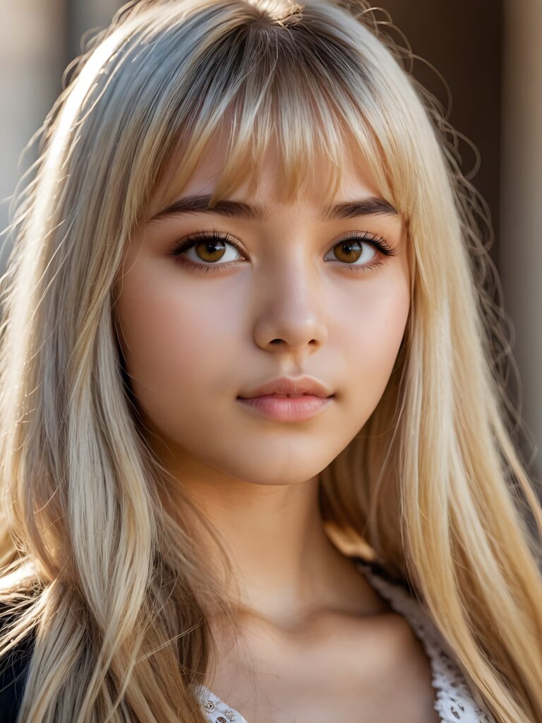 a beautiful close-up portrait of a young and pretty Exotic teen girl, 15 years old. She has an angelic face and long, straight ((platinum blond hair)) in bangs cut, (light brown eyes)), ((detailed)) ((stunning)) ((gorgeous)), perfect light, realistic shadows