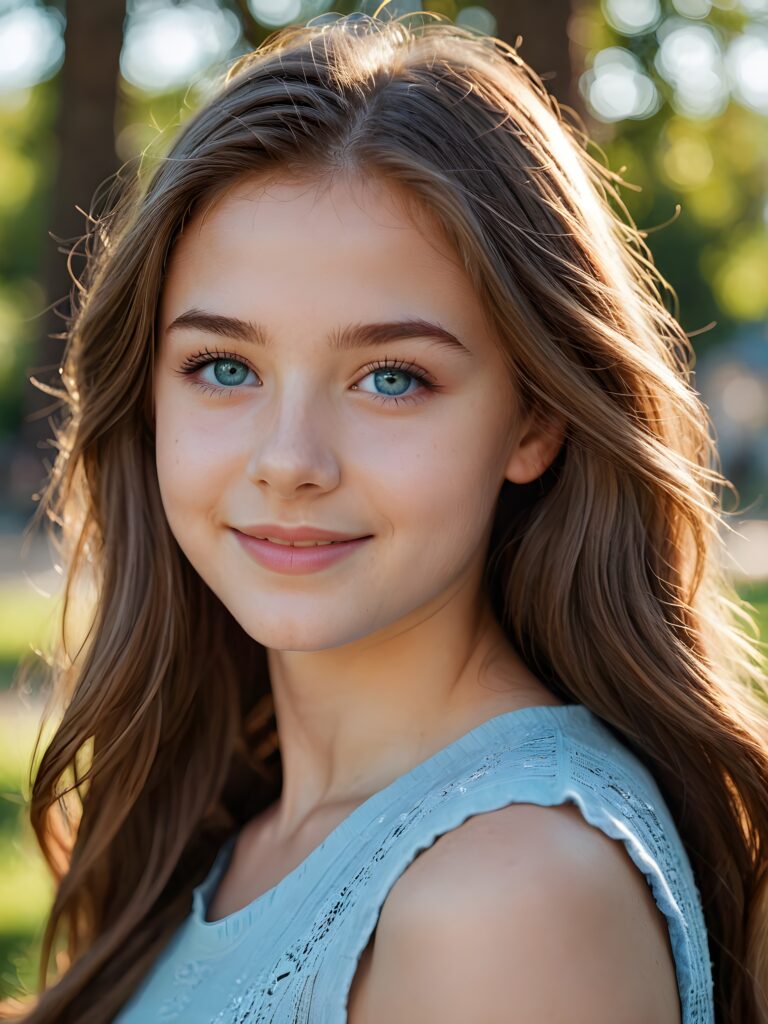 a beautiful close-up portrait of a young and pretty teen girl, 15 years old. She has an angelic face and long, straight brown hair, (light blue eyes)) ((detailed)) ((stunning)) ((gorgeous)), perfect light, realistic shadows, smile, side view
