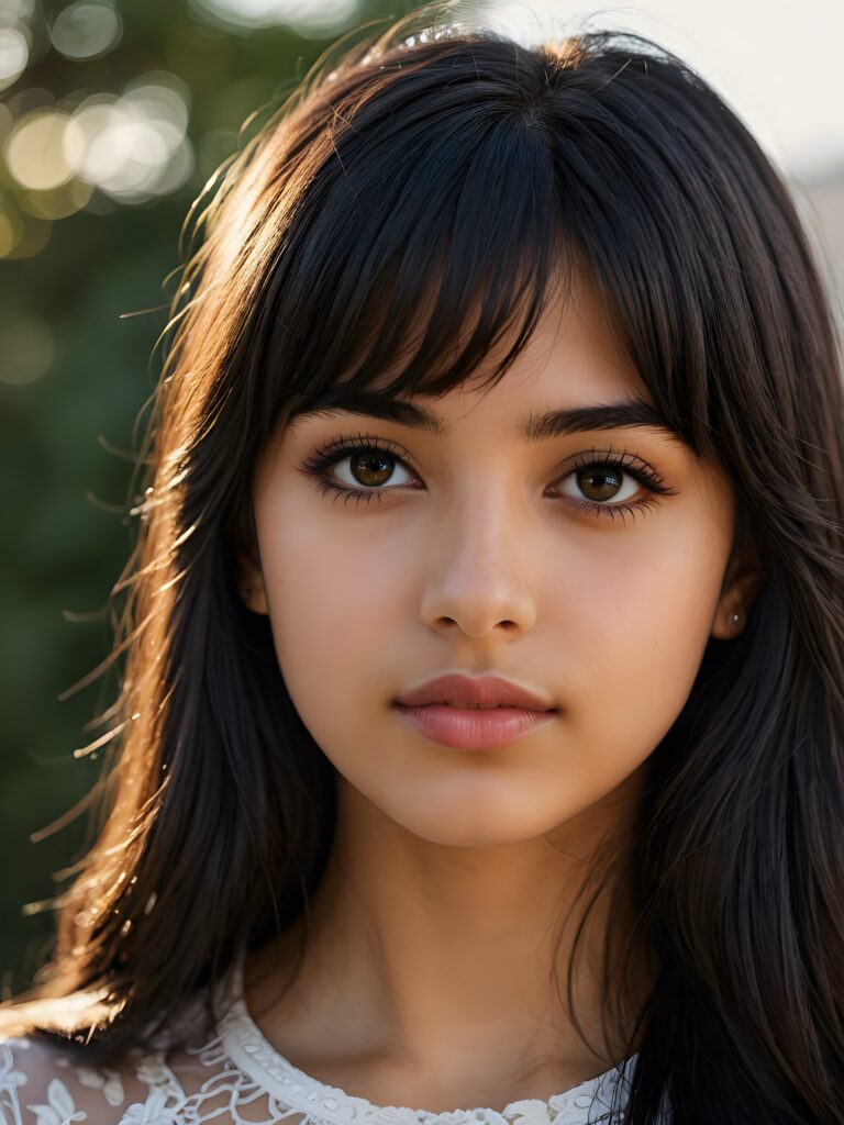 a beautiful close-up portrait of a young and pretty Persian teen girl, 15 years old. She has an angelic face and long, ((dark hair)) in bangs cut, full lips, (light dark eyes)), ((detailed)) ((stunning)) ((gorgeous)), perfect light, realistic shadows, light empty background