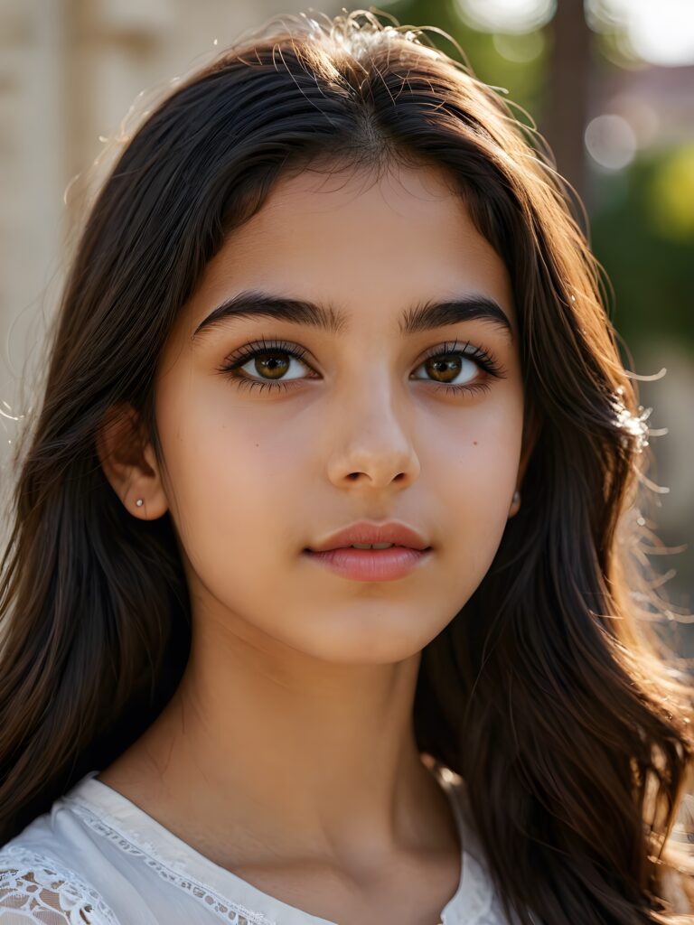 a beautiful close-up portrait of a young and pretty Persian teen girl, 13 years old. She has an angelic face, full lips, (light dark eyes)), ((detailed)) ((stunning)) ((gorgeous)), perfect light, realistic shadows, light empty background