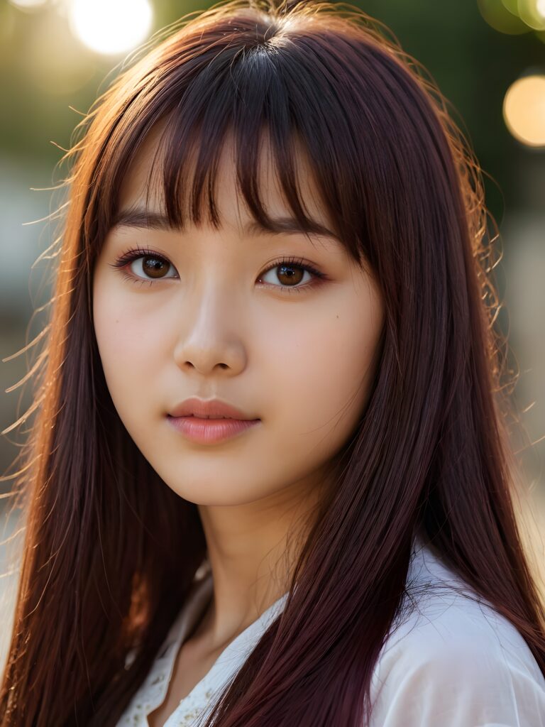 a beautiful close-up portrait of a young and pretty Oriental teen girl, 15 years old. She has an angelic face and long, straight ((maroon hair)) in bangs cut, full lips, (light brown eyes)), ((detailed)) ((stunning)) ((gorgeous)), perfect light, realistic shadows