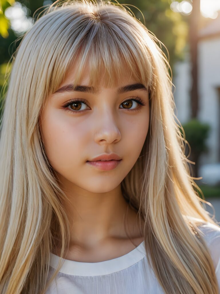 a beautiful close-up portrait of a young and pretty Exotic teen girl, 15 years old. She has an angelic face and long, straight ((platinum blond hair)) in bangs cut, (light brown eyes)), ((detailed)) ((stunning)) ((gorgeous)), perfect light, realistic shadows