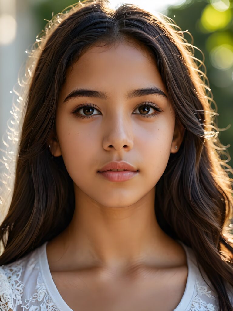 a beautiful close-up portrait of a young and pretty Latino teen girl, 14 years old. She has an angelic face, full lips, (light dark eyes)), ((detailed)) ((stunning)) ((gorgeous)), perfect light, realistic shadows, light empty background