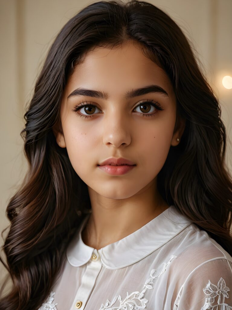 a beautiful close-up portrait of a young and pretty Persian teen girl, 13 years old. She has an angelic face, full lips, (light dark eyes)), ((detailed)) ((stunning)) ((gorgeous)), perfect light, realistic shadows, light empty background