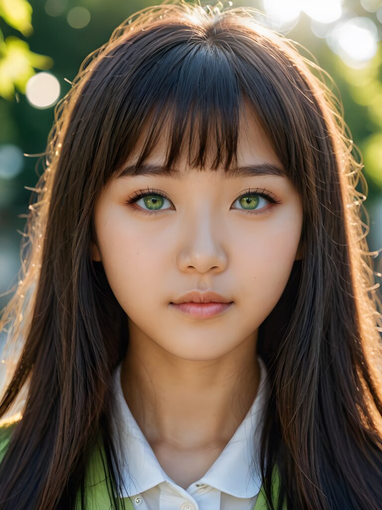 a beautiful close-up portrait of a young and pretty Asian teen girl, 15 years old. She has an angelic face and long, straight hair in bangs cut, (light green eyes)), ((detailed)) ((stunning)) ((gorgeous)), perfect light, realistic shadows