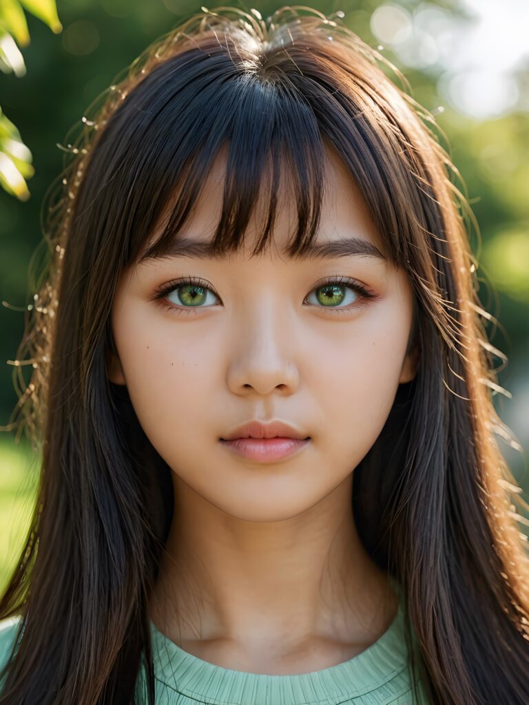 a beautiful close-up portrait of a young and pretty Asian teen girl, 15 years old. She has an angelic face and long, straight hair in bangs cut, (light green eyes)), ((detailed)) ((stunning)) ((gorgeous)), perfect light, realistic shadows