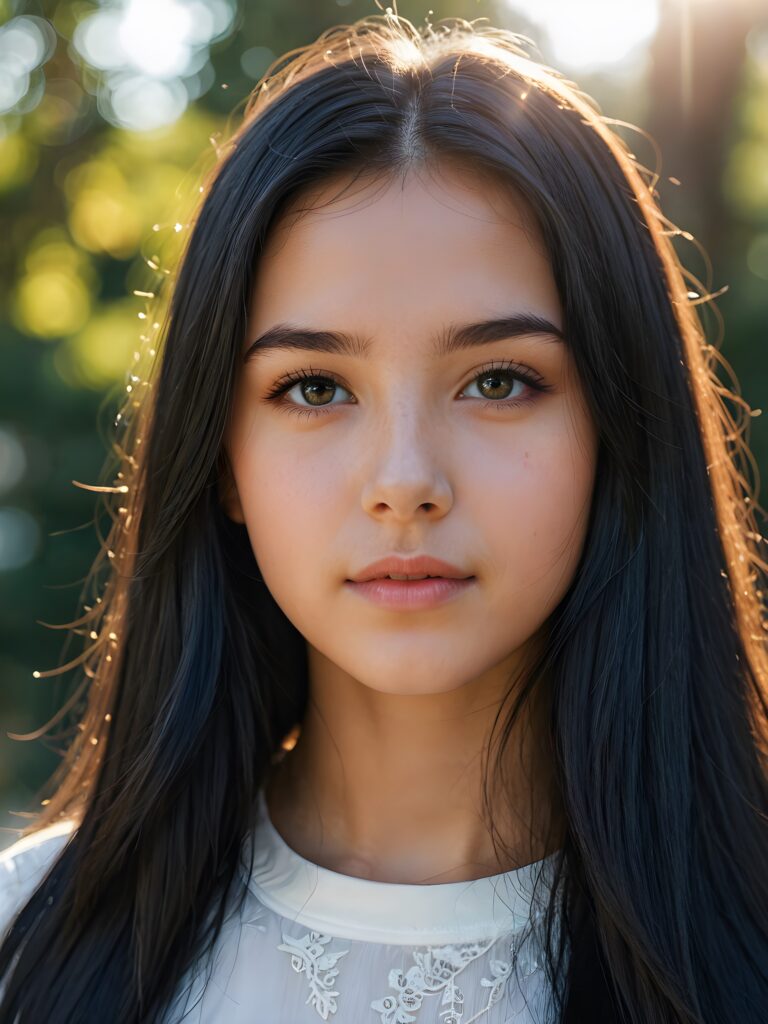 a beautiful close-up portrait of a young and pretty teen girl. She has an angelic face and long, straight black hair, ((detailed)) ((stunning)) ((gorgeous)), perfect light, realistic shadows