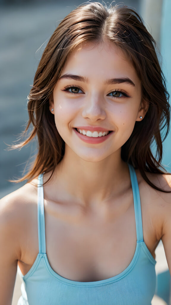 a (((beautiful young teen girl))) (((detailed perspective from above))), clad in a (((tank top))), with delicate features and (full, kissable lips), white teeth, smile