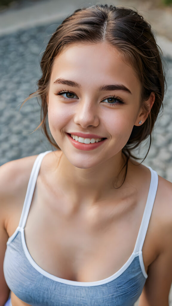 a (((beautiful young teen girl))) (((detailed perspective from above))), clad in a (((tank top))), with delicate features and (full, kissable lips), white teeth, smile