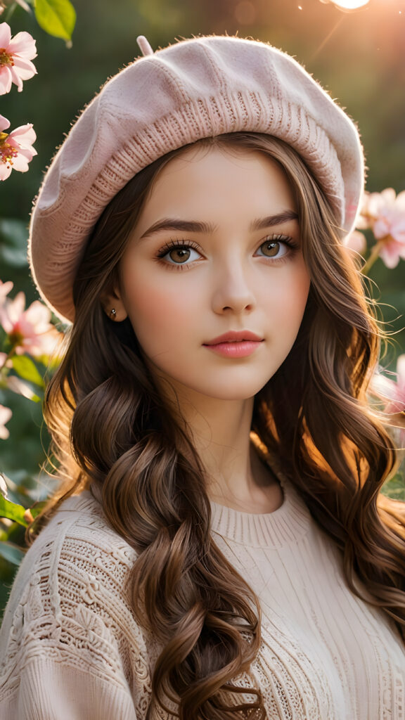 a (((beautiful girl with long, brown hair and gray eyes))), who exudes a distinct (((sharpness))), coupled with (((pale skin))) and (((vividly hued lips))) that curve into a (((wavy hairstyle))), dressed in a (((brown sweater))), a (((charming brown beret))) adorned with delicate, (((pink flowers))) and intricate patterns that reflect the (sunny park) backdrop, sitting calmly as she takes in the (((gorgeous sunset))), with an ethereal (((orange sunset cloud))). The scene radiates warmth and serenity