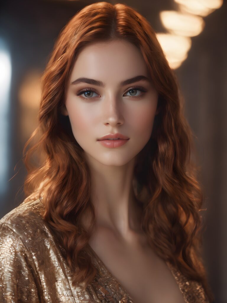 a beautiful long bob auburn haired teen girl in room, realistic detailed close-up shot, skimpy and lightly dressed, full lips, ((dark eyes, her eyes shine))