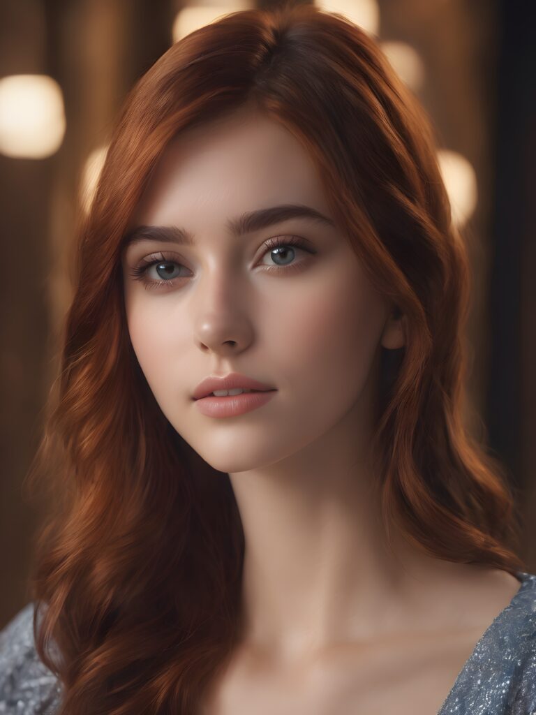 a beautiful long bob auburn haired teen girl in room, realistic detailed close-up shot, skimpy and lightly dressed, full lips, ((dark eyes, her eyes shine))