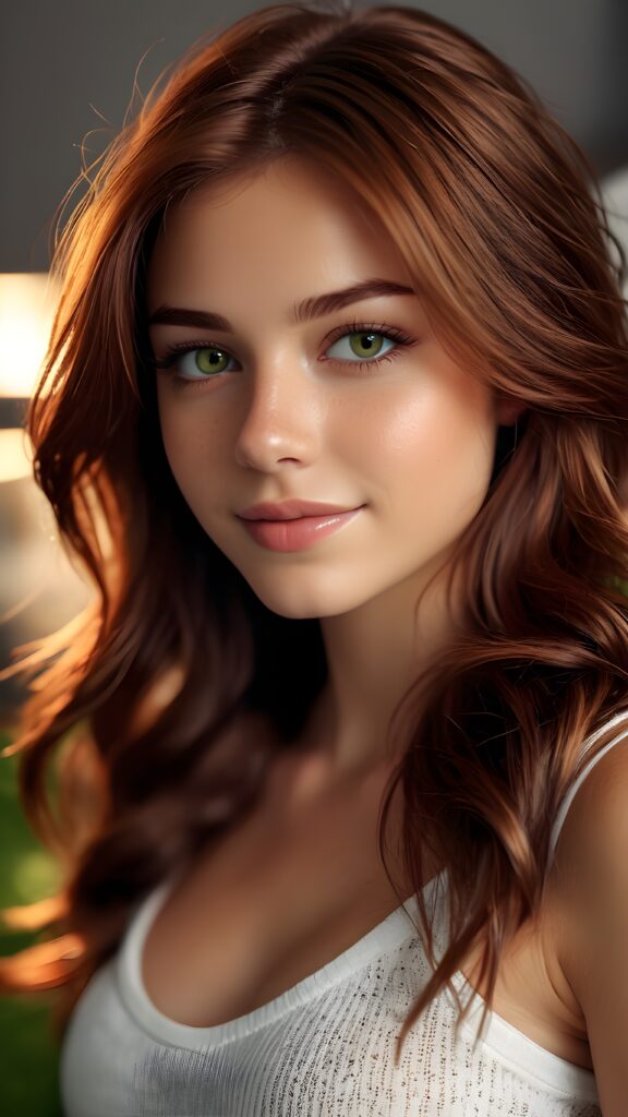a beautiful, natural, slender, very fit daemonic teen girl. She has auburn-brown hair moved by the wind, a slight natural but sad smile, detailed, hyper realistic, and matching green eyes. She also has perfect white teeth. She is relaxing on a sofa, with a warm light. (((4k, ultra high definition, intricate details))) (((full body, full torso, show legs)))