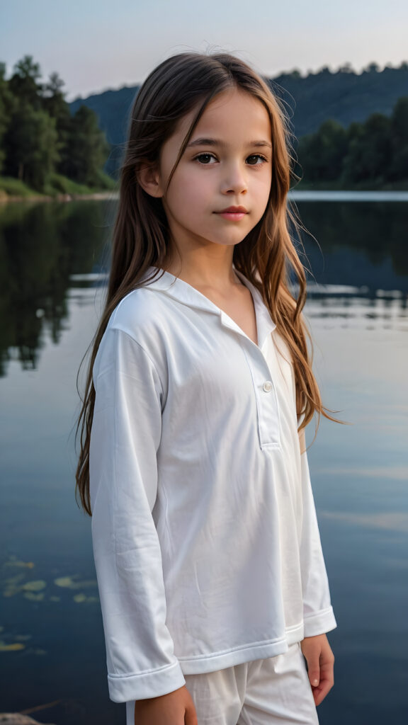 Model: insta realistic, realistic a beautiful picture of a little girl, 9 years old. She has long, straight brown hair and wears a white pijama. She stands in front of a lake in the middle of the night. Faint moonlight illuminates the picture. She has flawless skin and full lips and looks dreamily at the viewer. Side view. Upper body portrait. ((realistic detailed photo)) ((stunning)) ((gorgeous))