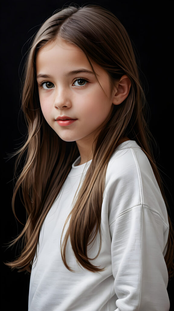 a beautiful picture of a little girl, 9 years old. She has long, straight brown hair and wears a white sweatshirt. ((black background)), faint light illuminates the picture. She has flawless skin and full lips and looks dreamily at the viewer. Side view. Upper body portrait. ((realistic detailed photo)) ((stunning)) ((gorgeous))