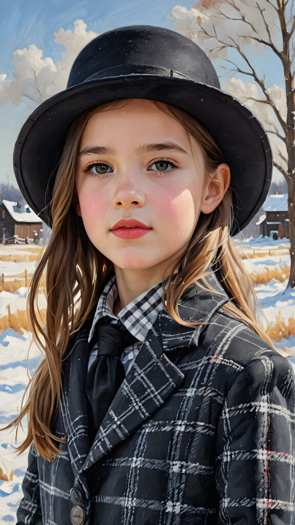 a beautiful picture of a little girl, 9 years old, wearing a black hat. She is wearing a checked suit and is standing in front of a wintry landscape. She has flawless skin and full lips and looks dreamily at the viewer. Side view. Upper body portrait.