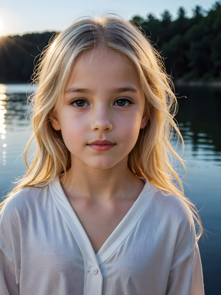 a beautiful picture of a little girl, 9 years old. She has long, shiny blonde hair and wears a white pijama. She stands in front of a lake in the middle of the night. Faint moonlight illuminates the picture. She has flawless skin and full lips and looks dreamily at the viewer. Side view. Upper body portrait.