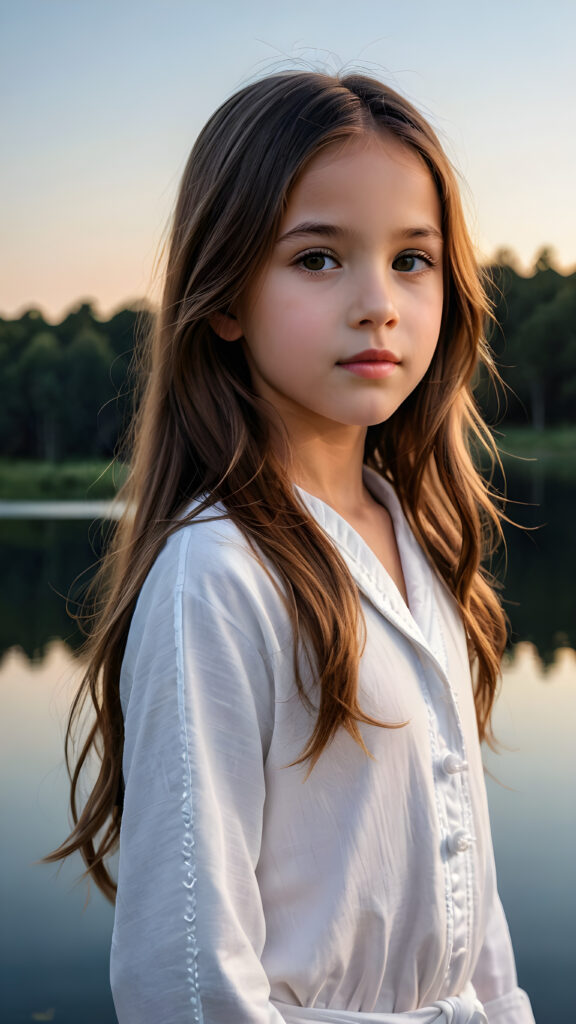 Model: insta realistic, realistic a beautiful picture of a little girl, 9 years old. She has long, straight brown hair and wears a white pijama. She stands in front of a lake in the middle of the night. Faint moonlight illuminates the picture. She has flawless skin and full lips and looks dreamily at the viewer. Side view. Upper body portrait. ((realistic detailed photo)) ((stunning)) ((gorgeous))