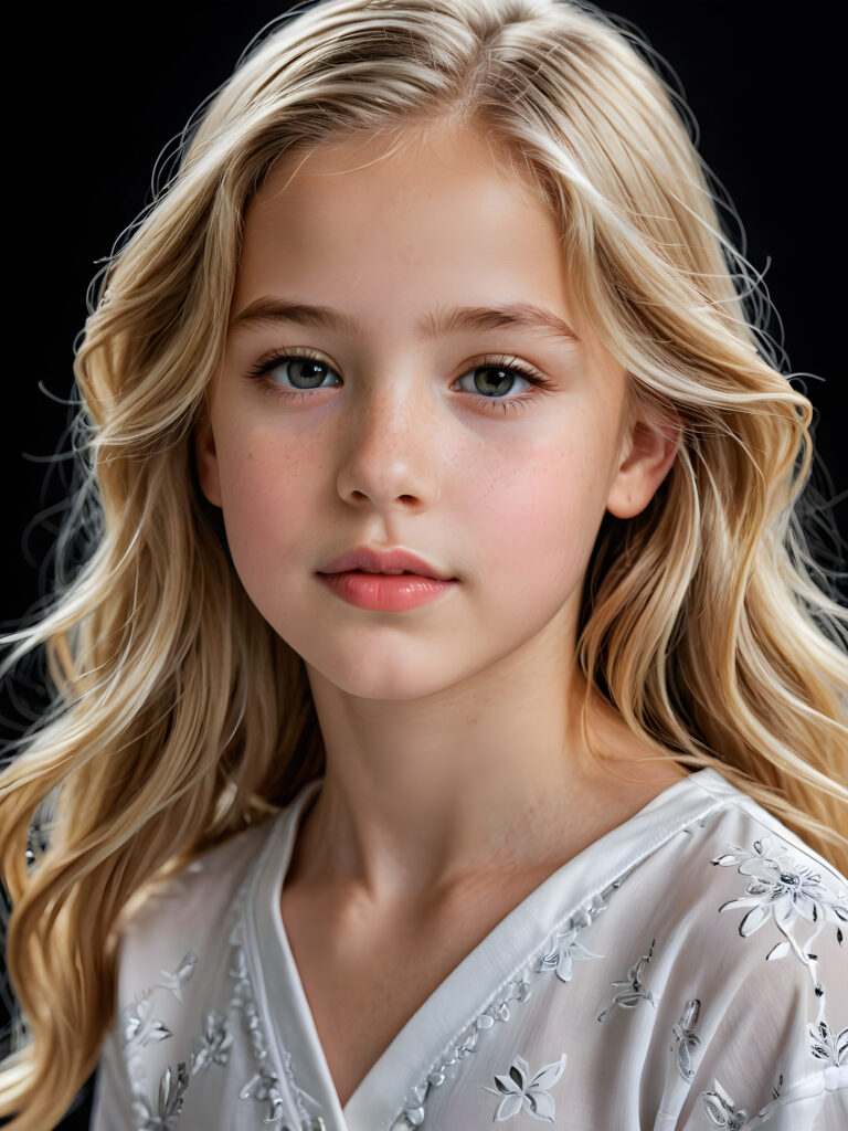 a beautiful picture of a little girl, 11 years old. She has long, shiny blonde hair and wears a white pijama. ((black background)). Faintlight illuminates the picture. She has flawless skin and full lips and looks dreamily at the viewer. Side view. Upper body portrait.
