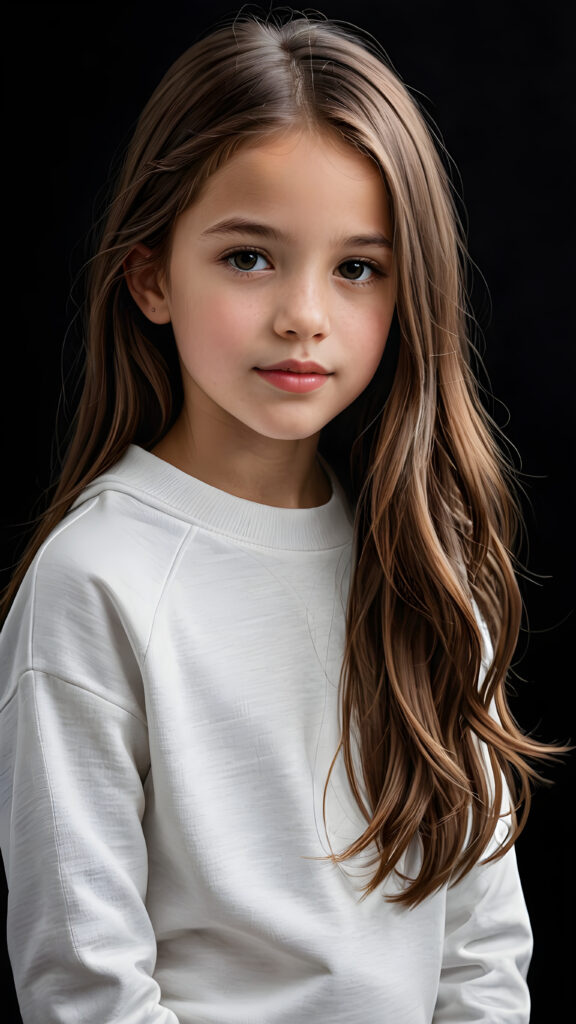 a beautiful picture of a little girl, 9 years old. She has long, straight brown hair and wears a white sweatshirt. ((black background)), faint light illuminates the picture. She has flawless skin and full lips and looks dreamily at the viewer. Side view. Upper body portrait. ((realistic detailed photo)) ((stunning)) ((gorgeous))