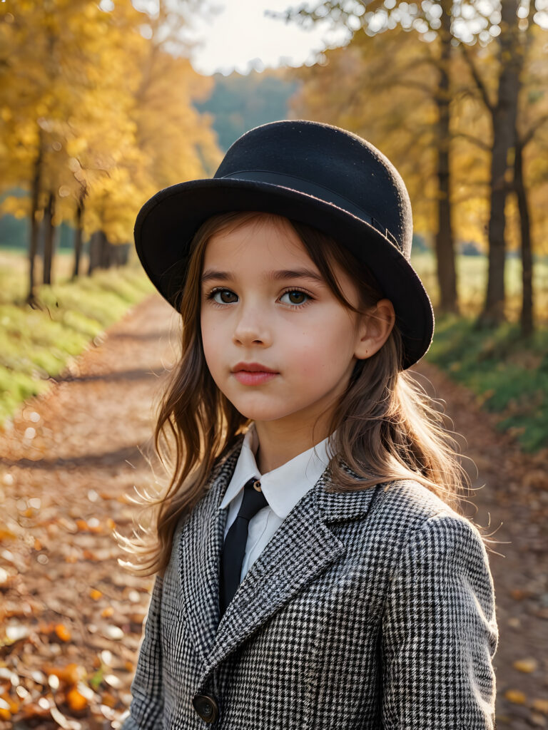 a beautiful picture of a little girl with a black hat. She is wearing an old, checked suit and is standing in front of an autumnal landscape. She has flawless skin and full lips and looks dreamily at the viewer.