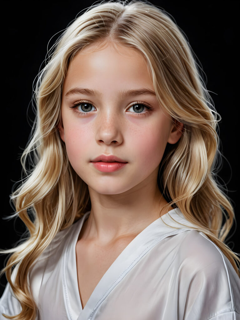 a beautiful picture of a little girl, 11 years old. She has long, shiny blonde hair and wears a white pijama. ((black background)). Faintlight illuminates the picture. She has flawless skin and full lips and looks dreamily at the viewer. Side view. Upper body portrait.