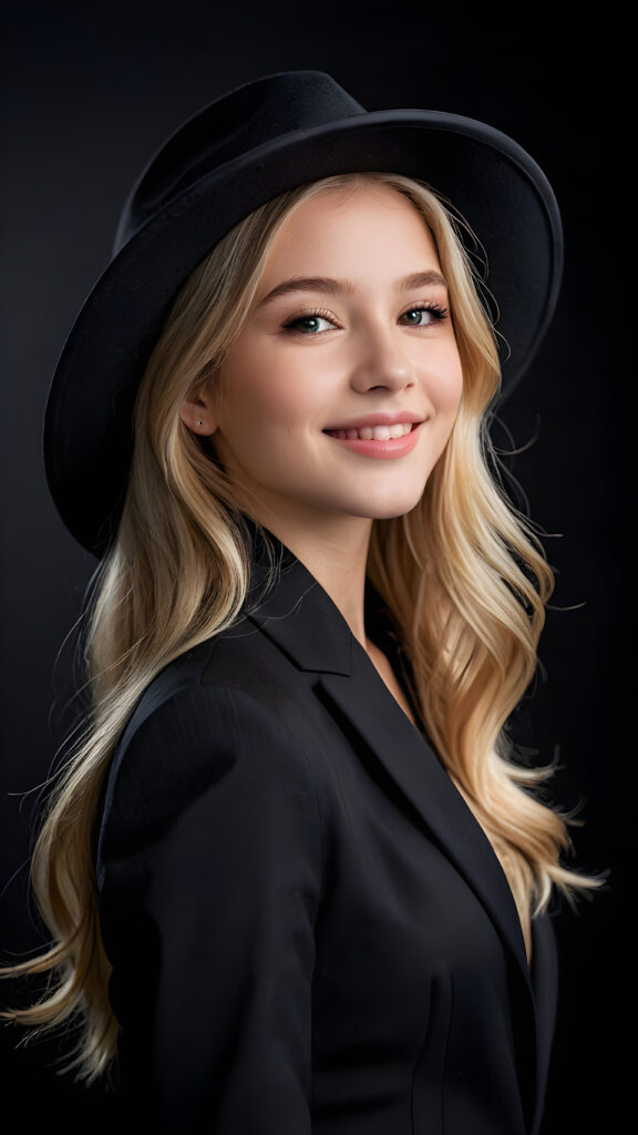 a beautiful picture of a little girl, 21 years old, wearing a black hat. She has long, shiny blonde hair. She is wearing a checked suit and smile very happy. Perfect curved body. She has flawless skin and full lips and looks dreamily at the viewer. Side view. Upper body portrait. ((black background))