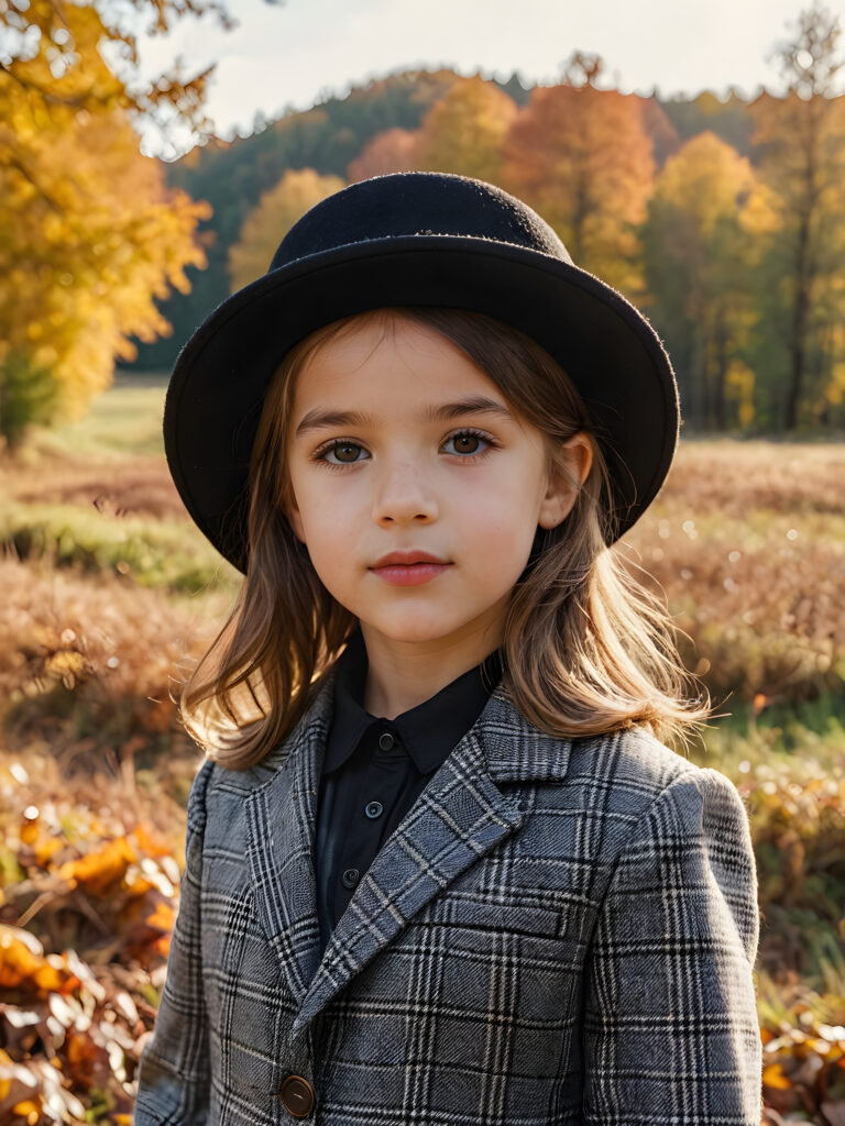 a beautiful picture of a little girl with a black hat. She is wearing an old, checked suit and is standing in front of an autumnal landscape. She has flawless skin and full lips and looks dreamily at the viewer.
