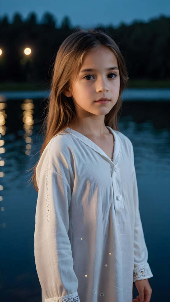 a beautiful picture of a little girl, 9 years old. She has long, straight brown hair and wears a white pijama. She stands in front of a lake in the middle of the night. Faint moonlight illuminates the picture. She has flawless skin and full lips and looks dreamily at the viewer. Side view. Upper body portrait. ((realistic detailed photo)) ((stunning)) ((gorgeous))