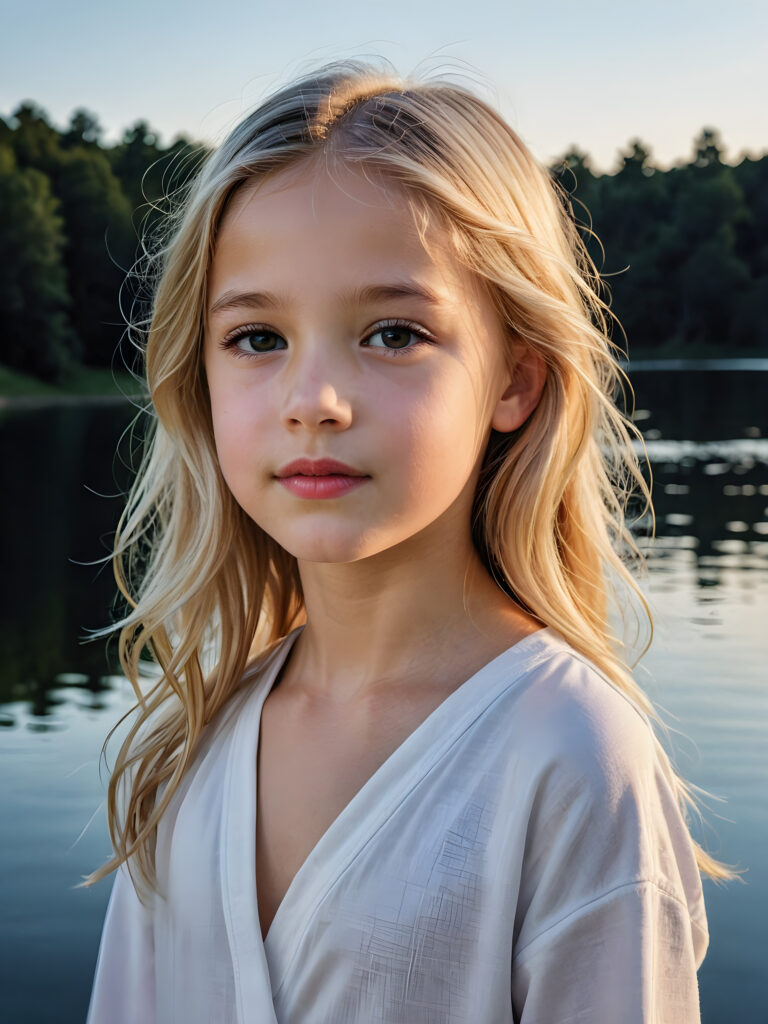 a beautiful picture of a little girl, 9 years old. She has long, shiny blonde hair and wears a white pijama. She stands in front of a lake in the middle of the night. Faint moonlight illuminates the picture. She has flawless skin and full lips and looks dreamily at the viewer. Side view. Upper body portrait.