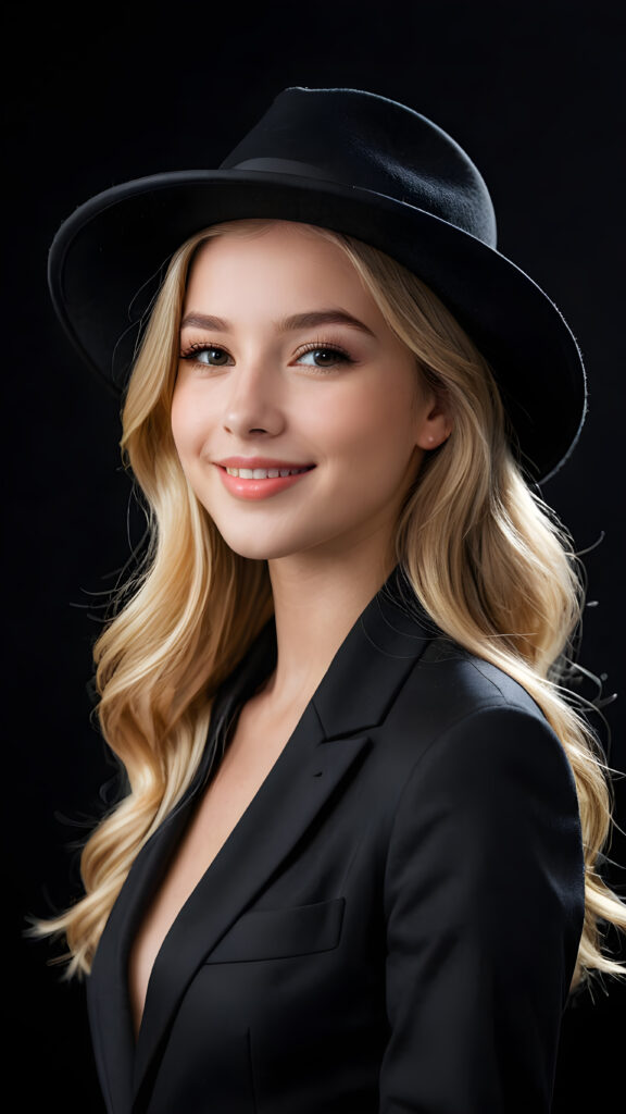 a beautiful picture of a little girl, 21 years old, wearing a black hat. She has long, shiny blonde hair. She is wearing a checked suit and smile very happy. Perfect curved body. She has flawless skin and full lips and looks dreamily at the viewer. Side view. Upper body portrait. ((black background))