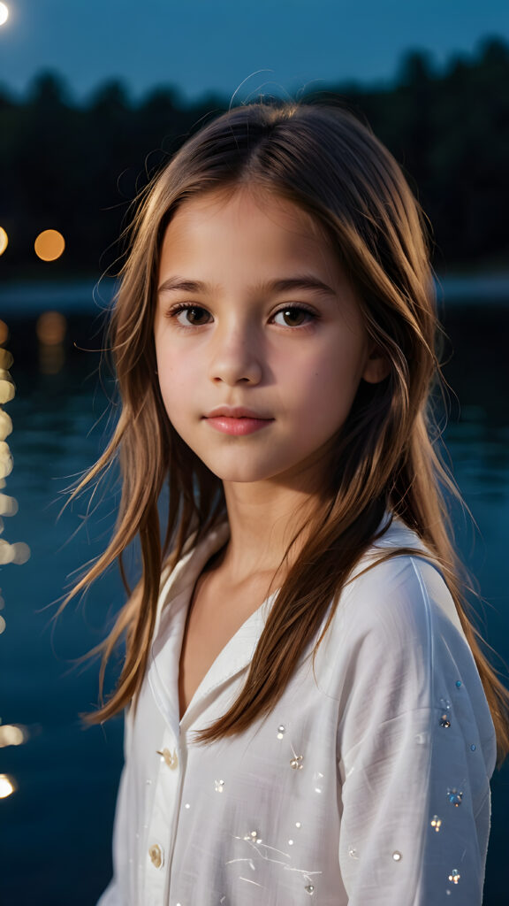 a beautiful picture of a little girl, 9 years old. She has long, straight brown hair and wears a white pijama. She stands in front of a lake in the middle of the night. Faint moonlight illuminates the picture. She has flawless skin and full lips and looks dreamily at the viewer. Side view. Upper body portrait. ((realistic detailed photo)) ((stunning)) ((gorgeous))