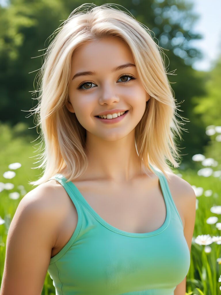 a beautiful teenage girl in joy, shoulder-length, straight soft blond hair, perfect curved body, crop tank top, ((cute)) ((stunning)) ((gorgeous)) ((natural spring))