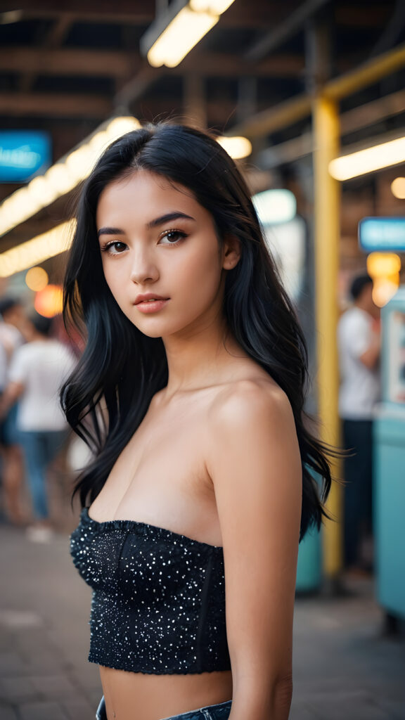 a beautiful teenage model with black hair and a tube top. Professional realistic photo ((stunning)) ((gorgeous))