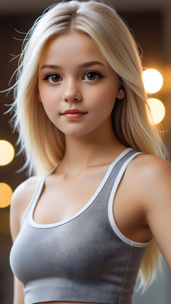 a beautiful teenage girl, 13 years old, long straight soft platinum blond hair, perfect curved body, crop tank top, ((cute)) ((stunning)) ((gorgeous))