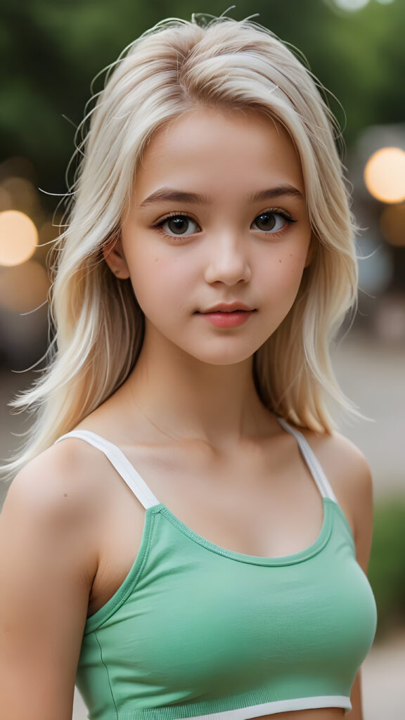 a beautiful teenage girl, 13 years old, long straight soft platinum blond hair, perfect curved body, crop tank top, ((cute)) ((stunning)) ((gorgeous))