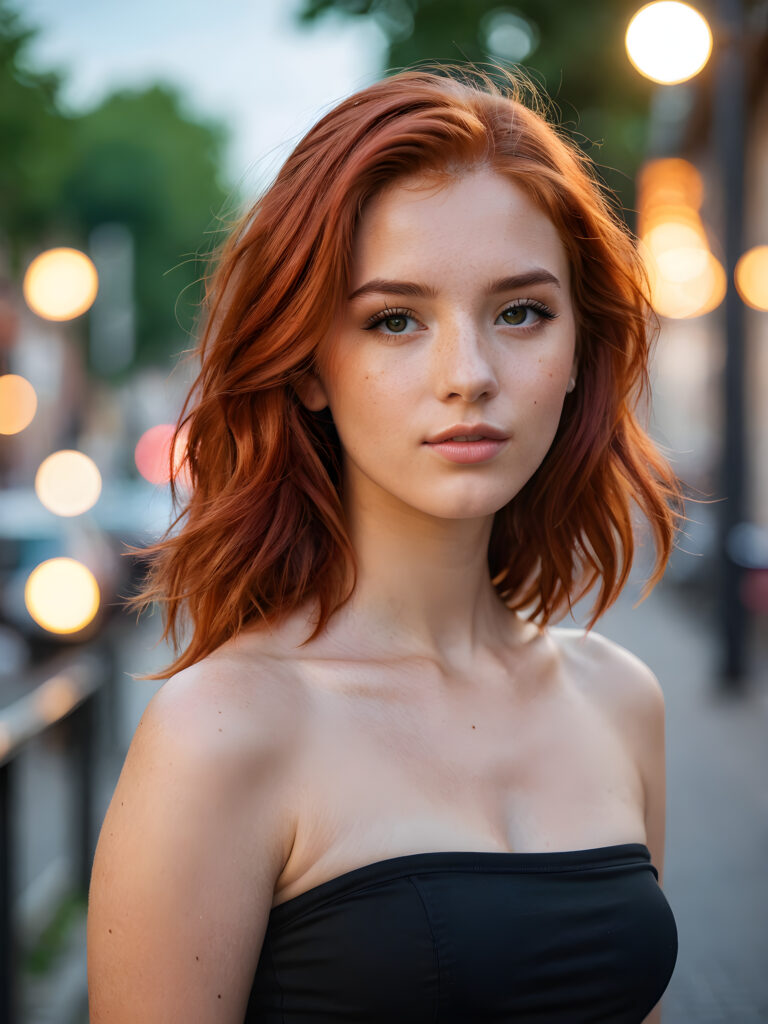 a beautiful teenage model with red hair and a tube top. Professional realistic photo