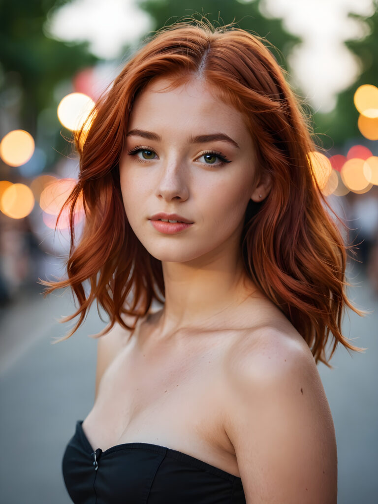 a beautiful teenage model with red hair and a tube top. Professional realistic photo