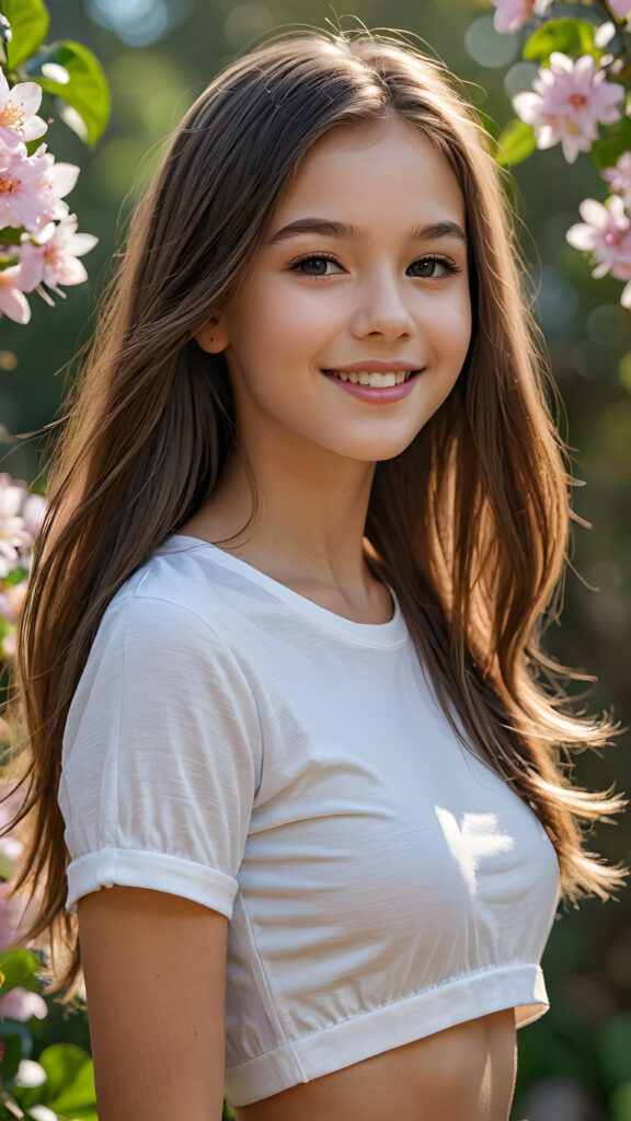 a beautiful, young teen girl, ((detailed and realistic straight hair)), ((detailed, realistic photo)) ((perfect curved body)) ((gorgeous)) ((stunning)) ((cute)), short crop shirt, enjoy her carefree life, she is smiling, stands in a natural spring