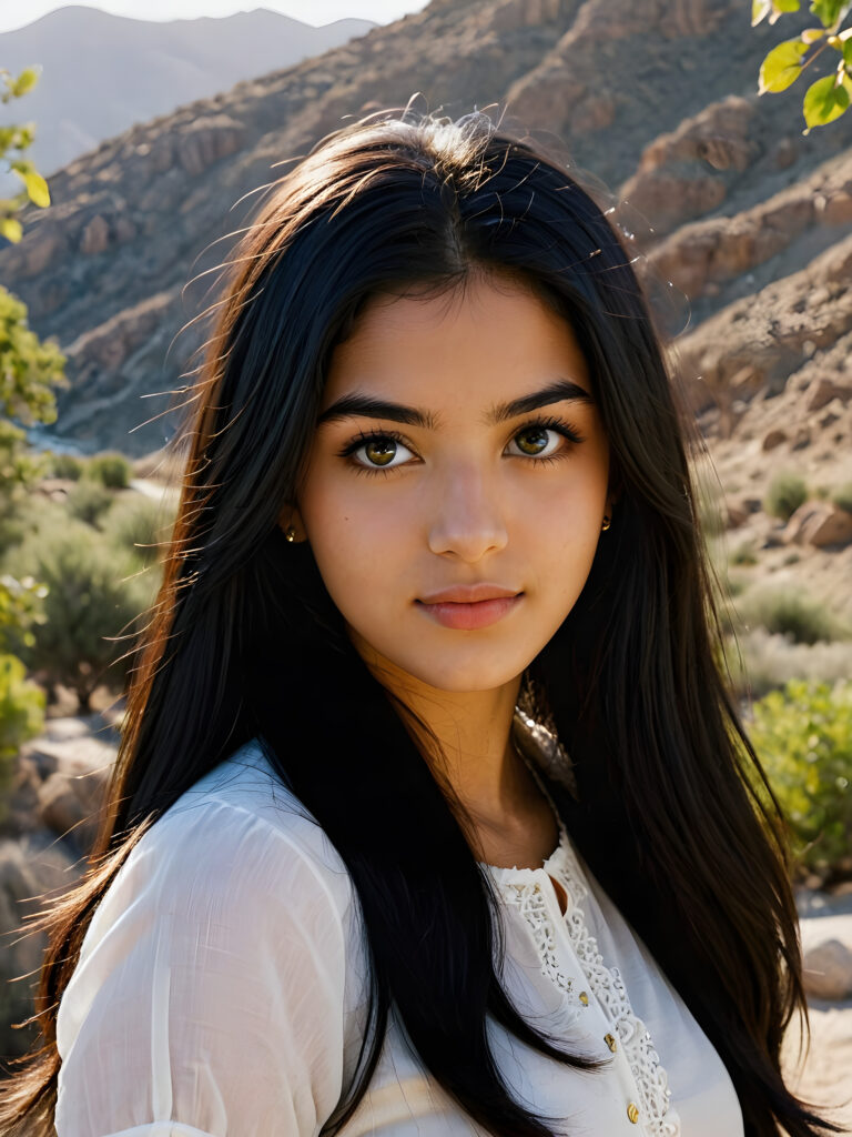 a beautiful, young (((Persian teen girl))) with deep, ((long, straight, shiny black hair)), flawless dark skin, and dark, reflective eyes. Her face is framed by perfect contrast and shadow, set against a (((natural, gorgeous backdrop))), making her an (((instant classic))), both (((stunning))) and (((cute)))