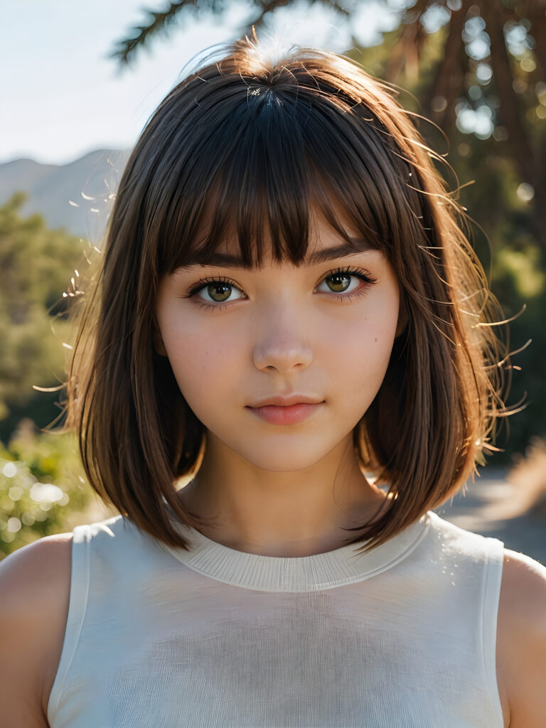 a beautiful, young (((teen girl))) with deep, ((straight, soft, shiny hair, bangs and bob cut)), flawless skin, and dark, reflective eyes and a perfect body. Her face is framed by perfect contrast and shadow, set against a (((natural, gorgeous backdrop))), making her an (((instant classic))), both (((stunning))) and (((cute)))