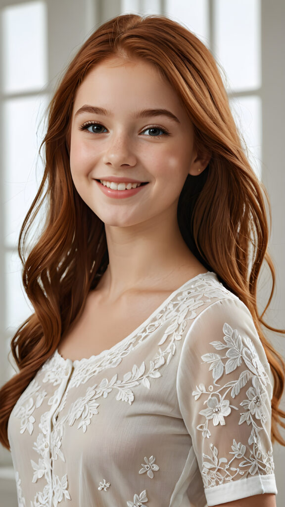 a beautiful, young teen girl, ((detailed and realistic straight auburn hair)), ((detailed, realistic photo)) ((perfect curved body)) ((gorgeous)) ((stunning)) ((cute)), short crop shirt, enjoy her carefree life, she is smiling, posing