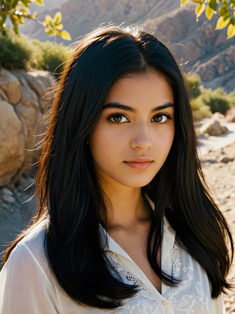 a beautiful, young (((Persian teen girl))) with deep, ((long, straight, shiny black hair)), flawless dark skin, and dark, reflective eyes. Her face is framed by perfect contrast and shadow, set against a (((natural, gorgeous backdrop))), making her an (((instant classic))), both (((stunning))) and (((cute)))